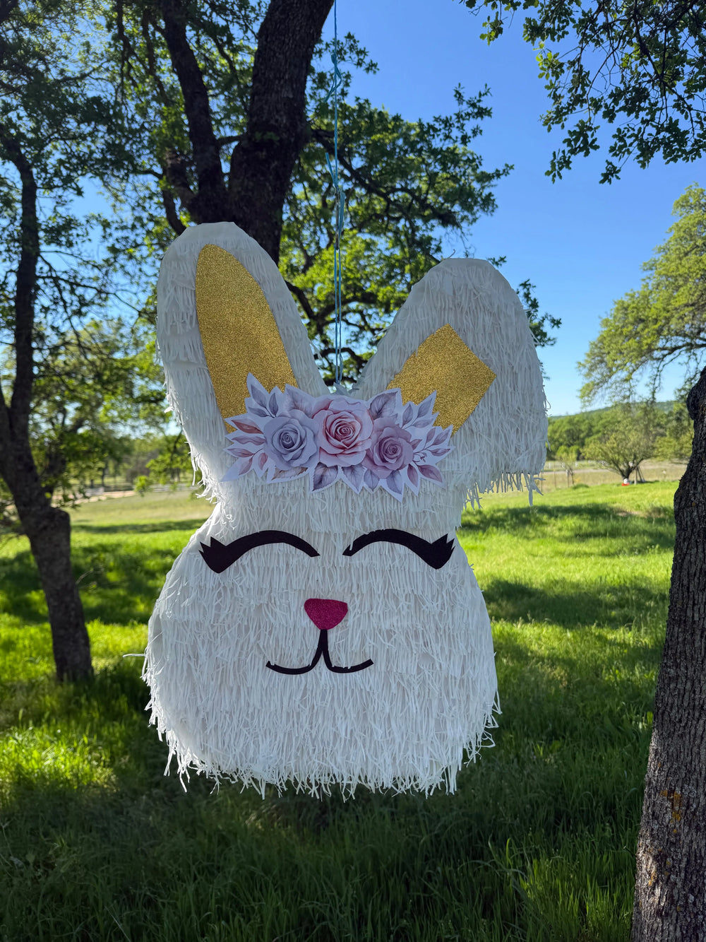 Cute Bunny with Flowers Piñata for Birthday Party Decorations | Large Handmade 2D Party Piñata