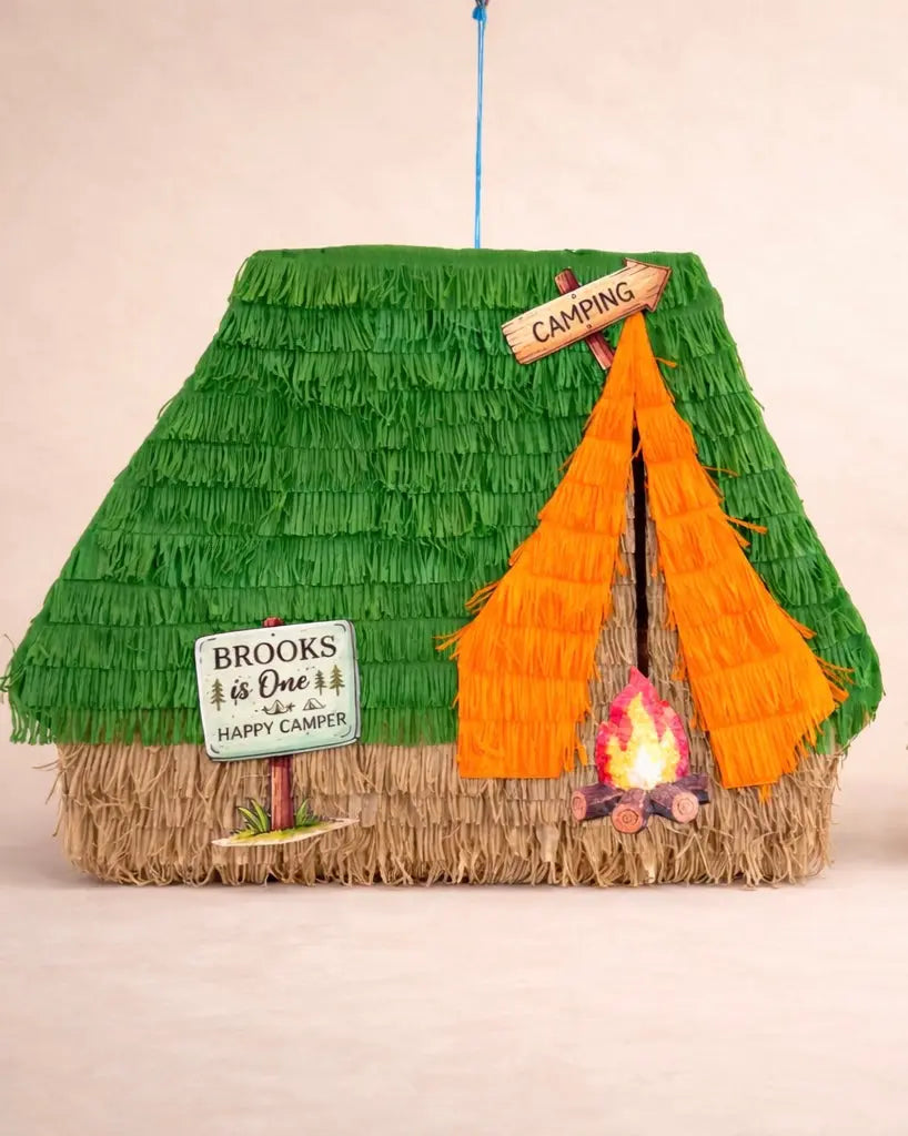 Camping Tent Piñata with Campfire | One Happy Camper Birthday Decor 24"x18"x4"
